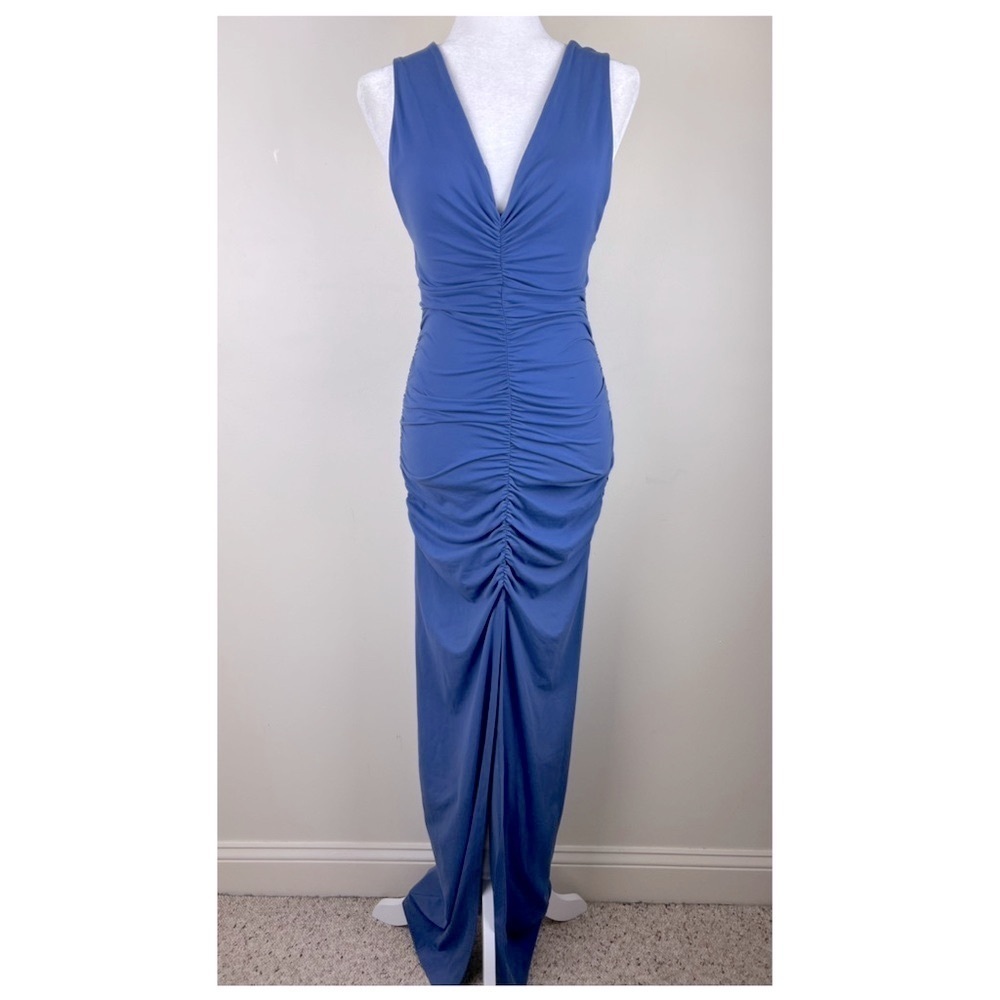 Susana Monaco | Ruched Bodycon V Neck Criss Cross Back Maxi Dress Blue | S